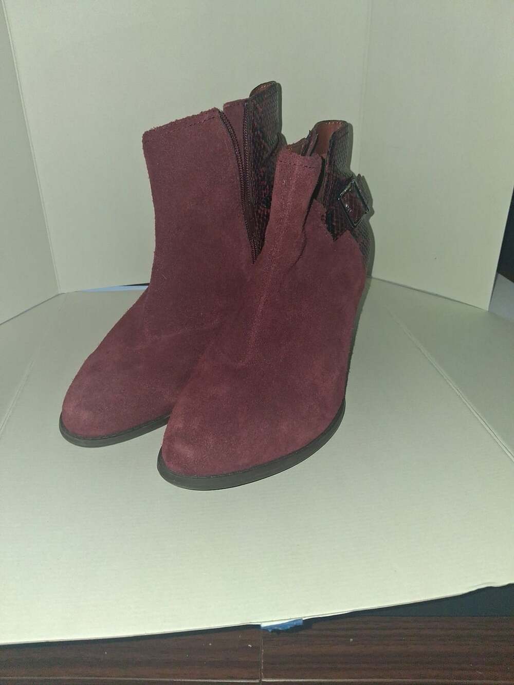 Vionic Naomi Burgundy Suede Snake Print Ankle Booties Block Heel with Buckle